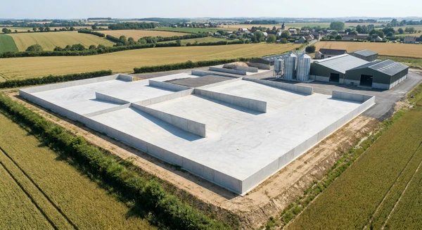 Vue aérienne ou de perspective d'une plateforme agricole en béton, avec zone de stockage bien délimitée, murs de soutènement en béton ou clôture professionnelle, montrant l'infrastructure fonctionnelle pour exploitation agricole. La plateforme doit être claire, propre, et montrer clairement son usage agricole ou agro-industriel sans personnages.