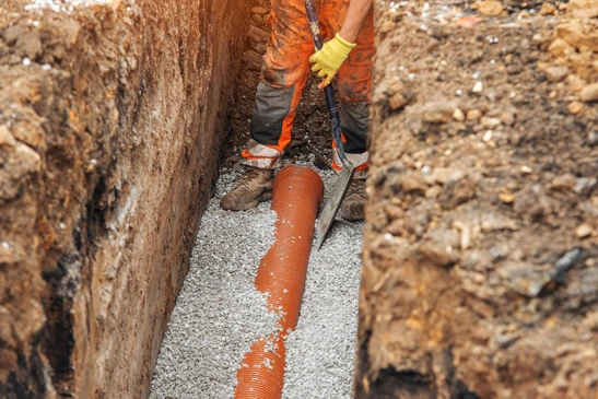 Ouvrier de construction installant un tuyau de drainage dans une tranch&eacute;e &agrave; la lumi&egrave;re du jour, entour&eacute; de gravier et de terre
