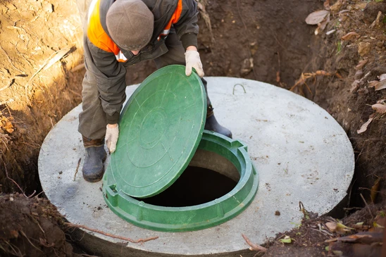 Ouvrier en tenue de s&eacute;curit&eacute; orange manipulant le couvercle vert d'un regard d'assainissement en b&eacute;ton dans une excavation