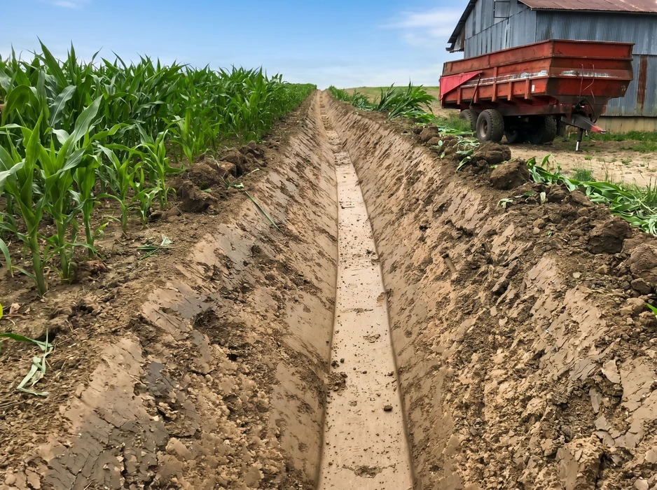 Tranchée agricole creusée entre des rangs de maïs en croissance, sol argileux humide