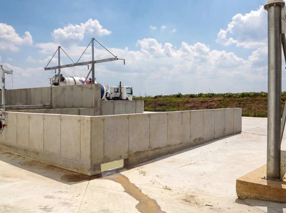 Chantier de construction en ext&eacute;rieur avec ouvrier en casque jaune et v&ecirc;tements de travail bleus manipulant une benne &agrave; b&eacute;ton sur treillis m&eacute;tallique d'armature