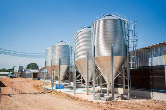 Vue d'un ou plusieurs silos de stockage cylindriques en b&eacute;ton ou acier, install&eacute;s sur une plateforme ou zone de stockage agricole en ext&eacute;rieur. Les silos doivent &ecirc;tre clairement visibles, de taille imposante, montrant l'infrastructure de stockage fonctionnelle destin&eacute;e &agrave; la conservation de mat&eacute;riaux ou produits agricoles. L'image doit mettre en &eacute;vidence l'aspect technique et professionnel de l'ouvrage sans pr&eacute;sence de personnes, prise de jour avec bonne luminosit&eacute;.
