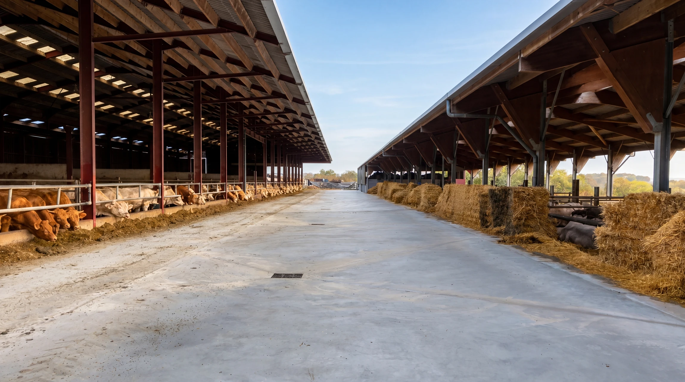 Bâtiment d'élevage bovin semi-ouvert, vue centrale symétrique d'une allée de distribution fourragère en béton