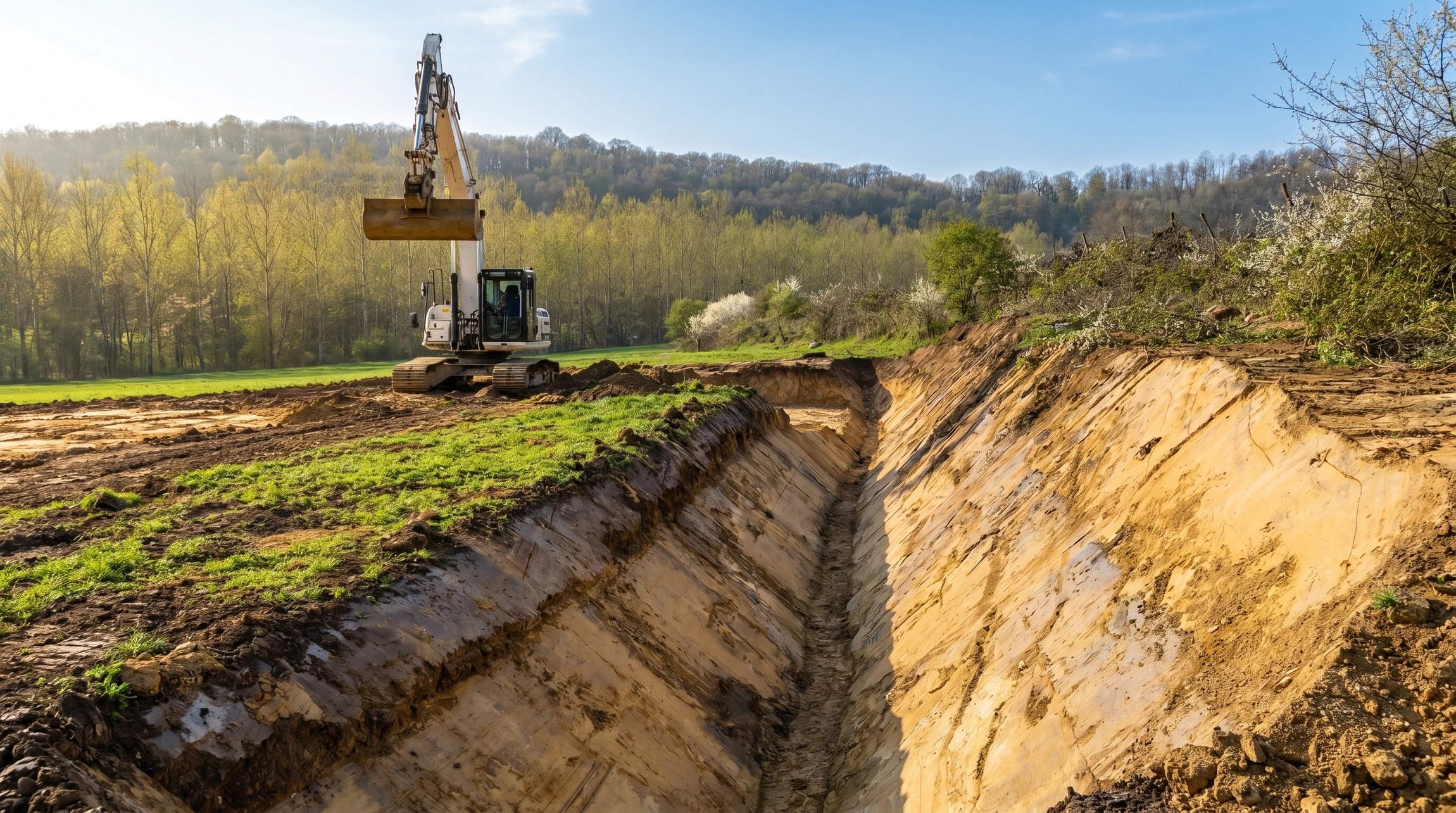 Chantier de travaux publics en extérieur avec tranchée creusée dans sol terreux