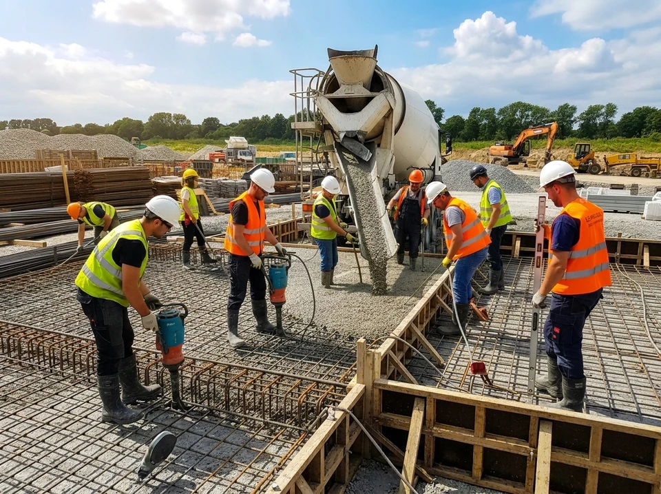 Chantier de construction extérieur avec ouvrier coulant du béton sur ferraillage à l'aide d'une pompe à béton