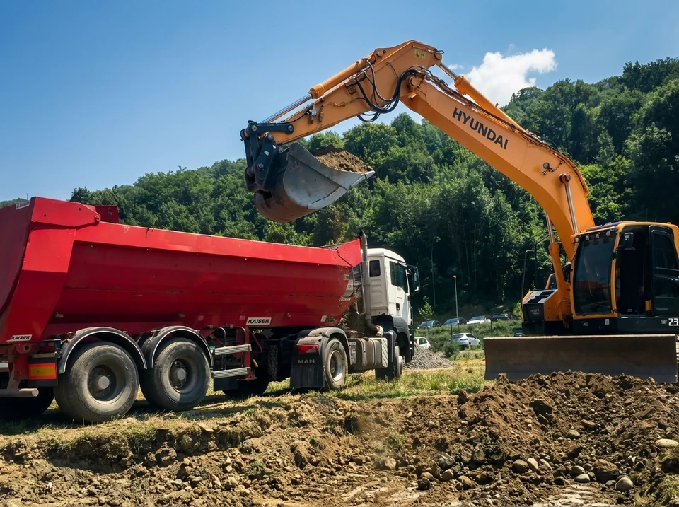 Chantier extérieur avec ouvrier versant du béton frais depuis une benne dans un coffrage en bois