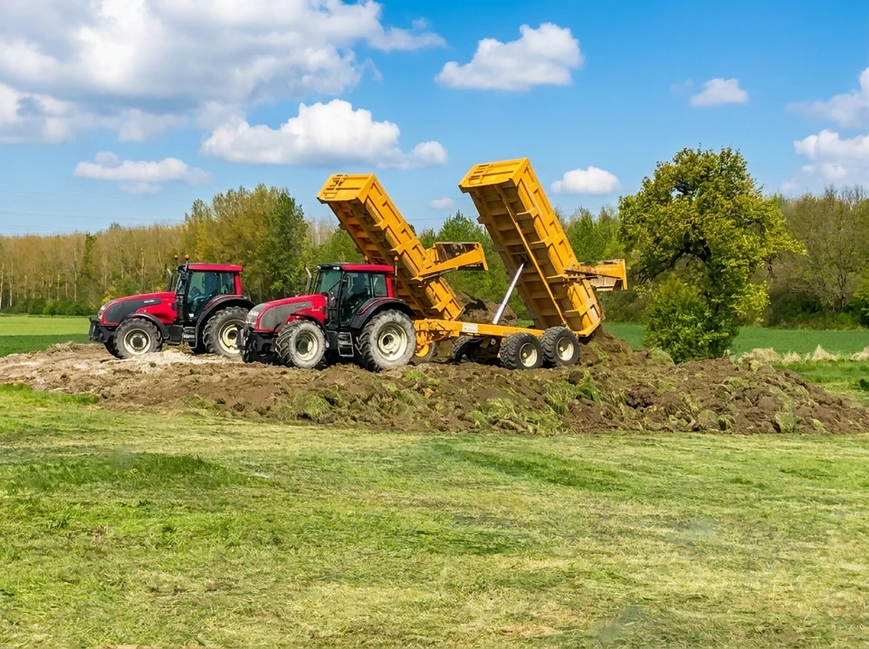 Chantier de terrassement en extérieur avec pelleteuse hydraulique jaune sur chenilles opérant au milieu de monticules de terre excavée et de gravats